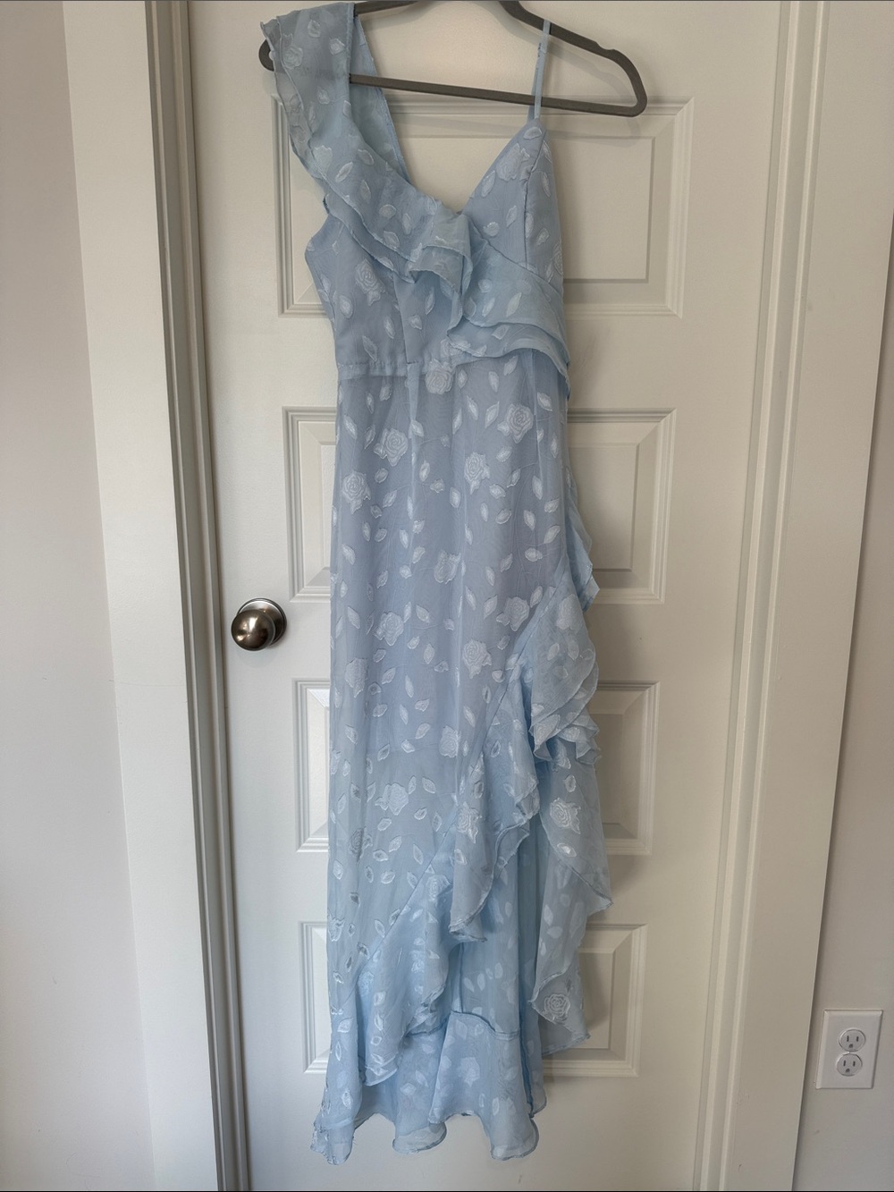 Lulu's Forever Be Light Blue Floral Jacquard Ruffled Maxi Dress